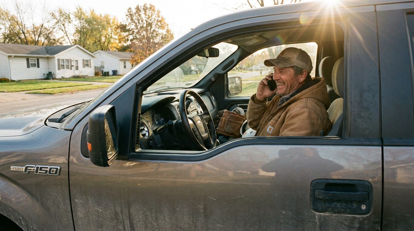 A contractor taking a customer call from his truck