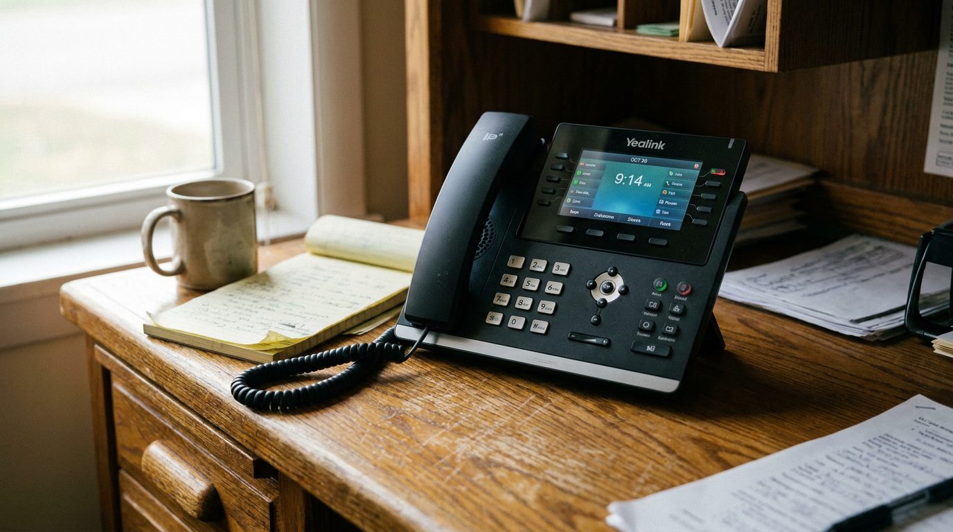 A Yealink IP desk phone on an oak desk