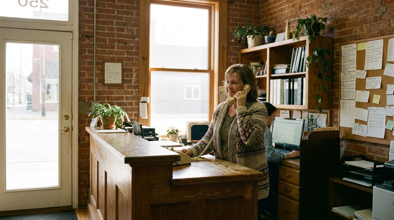 A receptionist answering the phone at a small business front desk