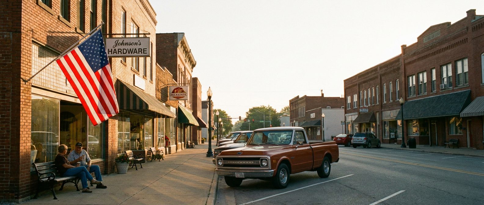 A small-town Illinois main street at golden hour